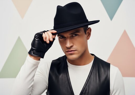 Stylish Man Wearing A Fedora Hat And Leather Vest Looking Directly Into The Camera Lens
