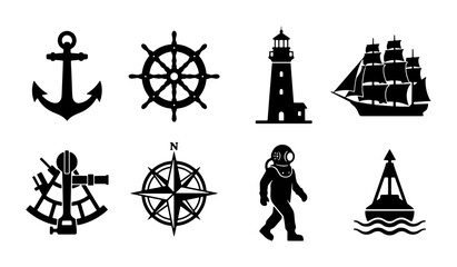 Nautical Icons Set: Anchor, Ship Wheel, Lighthouse, Sailboat, Sextant, Compass, Diver, Buoy © Kazol