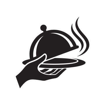 Hand opening silver food serving platter with steam vector icon