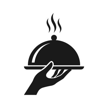 Hand holding silver serving platter icon vector