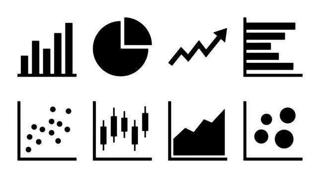 Black Vector Icons: Bar Chart, Pie Chart, Line Graph, Candlestick, Scatter Plot, Bubble Chart