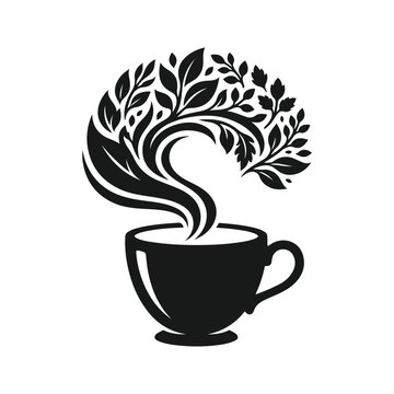 Herbal tea cup icon with flowing floral leaves vector illustration