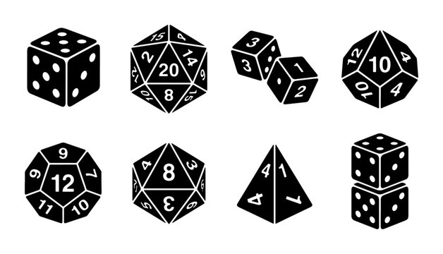 Collection of Polyhedral Dice Icons, Game Dice Symbols, and Tabletop RPG Dice, Black and White Vector Graphics