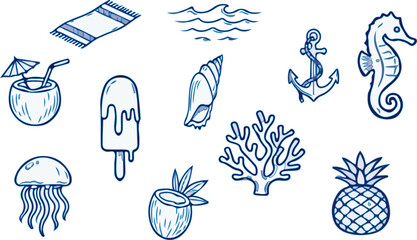 Various blue line art summer and beach themed elements, including a jellyfish, pineapple, and sea creatures, are. © Irfan Designer