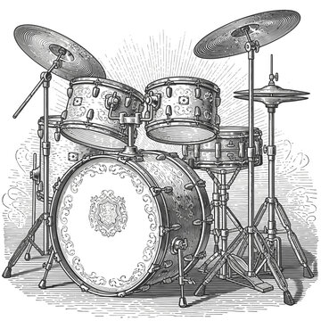 Detailed vintage engraving of a full acoustic drum kit.
