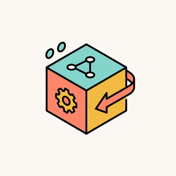 Modular system architecture illustration featuring an isometric cube with network nodes a mechanical gear and a circular arrow for iterative technical processes