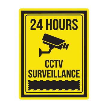 Bright yellow 24 hours cctv surveillance warning sign with camera icon