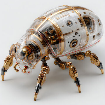 High tech cyber insect robot transparent body golden mechanical legs futuristic design wallpapers