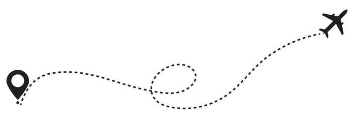 Fototapeta premium Airplane flying with arrow on a dotted line route from a location pin