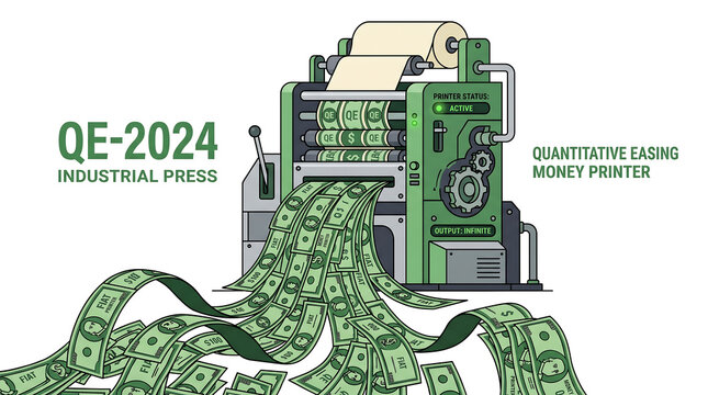Quantitative easing money printer machine printing infinite fiat currency vector illustration