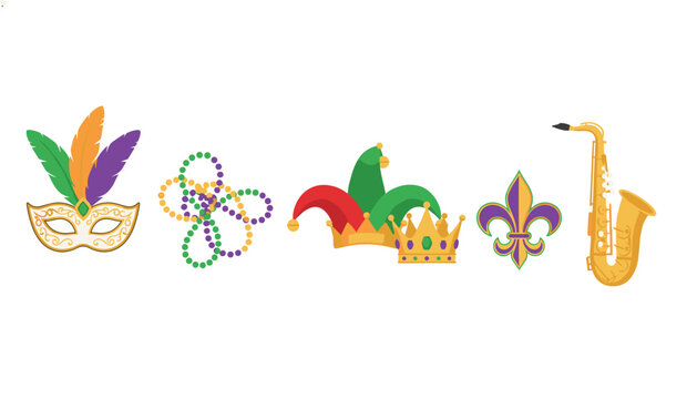 Horizontal sequence of iconic Mardi Gras celebration symbols including a mask, beads, jester hat, and saxophone.