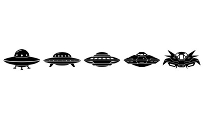 Black UFO Flying Saucer Silhouette Evolution Vector Set with Retro and Futuristic Alien Spacecraft on White Background © Md Humaun