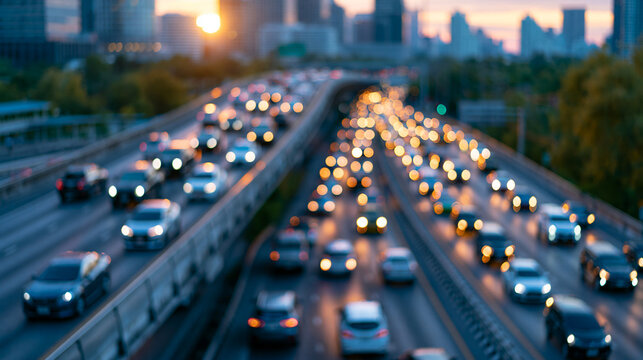 Busy highway traffic with cars driving on a multi-lane road, aerial view of urban expressway during morning commute, defocused city in background, aerial highway traffic concept