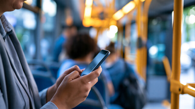 Faceless commuter using a smartphone on crowded public transport, modern urban commuting lifestyle, defocused bus interior in background, smartphone commuter concept photography,
