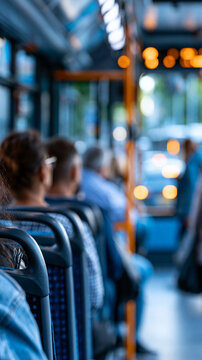 Interior of a modern city bus with faceless passengers seated and standing, urban public transport scene, defocused bus interior in background, modern bus interior concept
