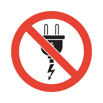 No electricity plug prohibited sign with lightning bolt