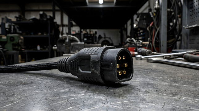 Close up of a modern brass pop up electrical socket on a concrete floor