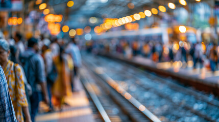 Obraz premium Bokeh view of people at a busy railway station in Mumbai, blurred background footage of urban commuter life in India, defocused station in background, Mumbai station bokeh concept