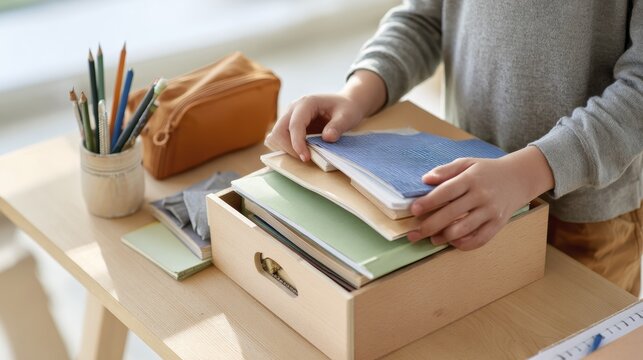 Child organizing desk with school supplies and wooden drawer on sunny day
