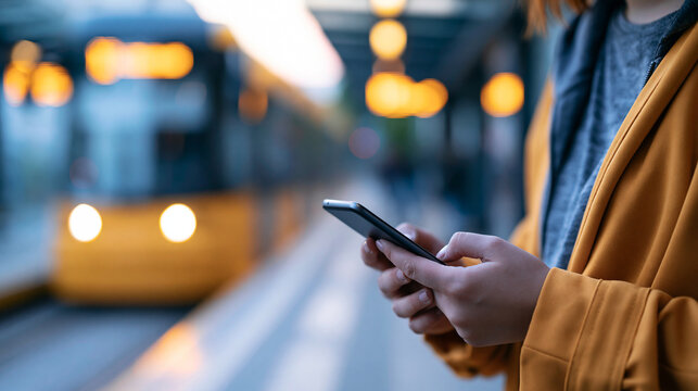 Faceless train commuter using a phone and waiting for public transport at a tram station, urban commuting lifestyle, defocused station in background, tram station phone wait