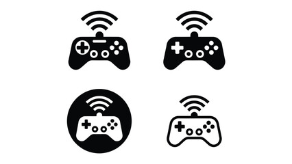  Minimalist video game controller icons set with wireless signal variations, featuring solid and outlined designs, symbolizing gaming, technology, entertainment, and connectivity in modern digital gra © VectorCraze