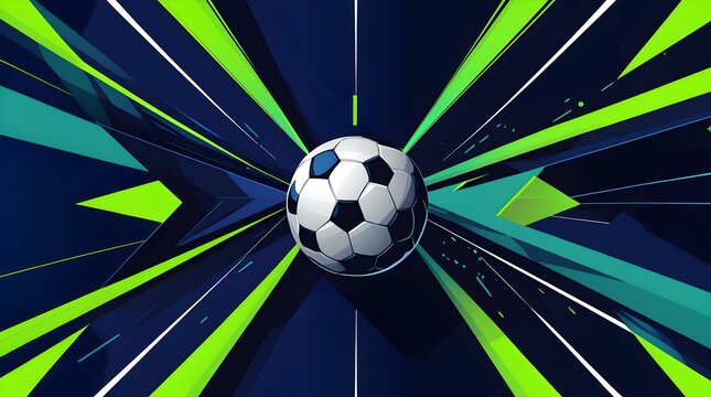 Soccer ball exploding with dynamic green and blue abstract energy.