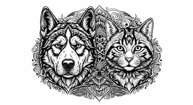 Wolf and Cat Line Art.