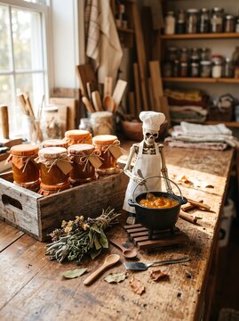Whimsical skeleton chef in rustic kitchen, miniature skeleton wearing apron and hat cooking soup in cast iron pot, jars of orange preserves in wooden crate on farmhouse table. 2026