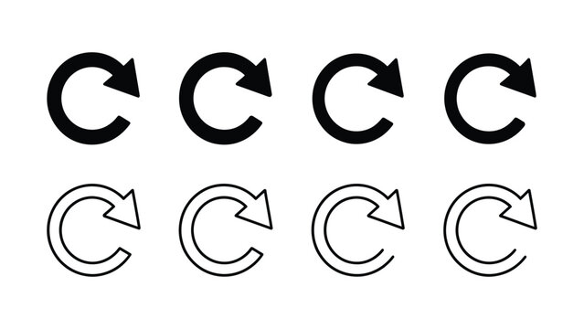 Minimalist circular arrow icons set with solid and outlined variations, symbolizing refresh, reload, repeat, and rotation actions in modern digital interface, application, and web design concepts 