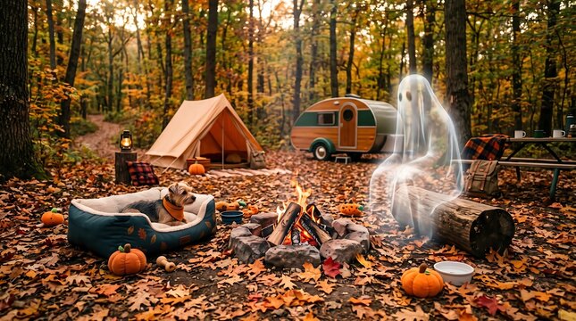 Spooky ghost sitting by campfire in autumn forest, ethereal spirit at cozy campsite with dog and vintage trailer, halloween seasonal scene with pumpkins and fall foliage 2026