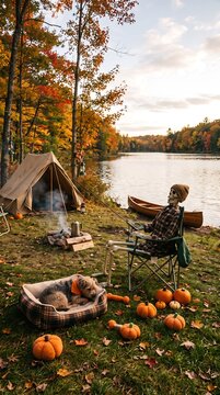 Cozy autumn lakeside camping scene, a rustic fall getaway with a canvas tent and crackling campfire. Halloween skeleton decor and a sleeping dog create a charming, seasonal outdoor adventure.