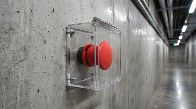 Modern electronic door access card reader on a grey brick wall in an industrial hallway