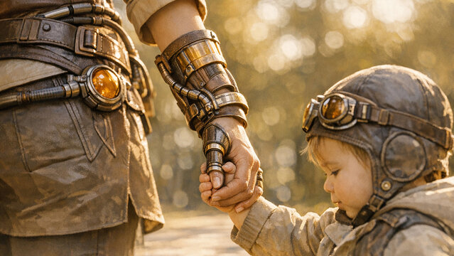 A tender moment between a parent and child in a futuristic setting with robotic elements.