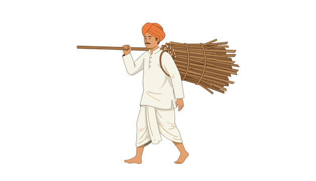 Traditional Indian farmer carrying a large bundle of sticks on his back using a wooden staff.