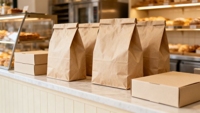 Local small business scene featuring paper bags unbranded boxes bakery inde