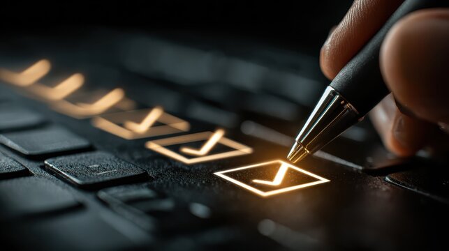 Business assessment and certification concept, featuring online exams or surveys where correct answers are selected, representing international product standard certifications.