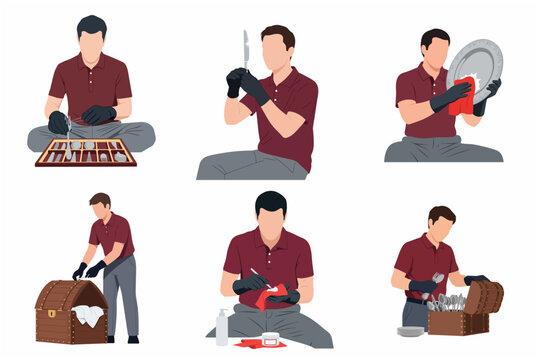 Set of a man polishing and organizing antique silverware and kitchenware flat vector illustration