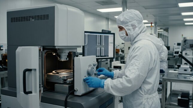 Medium shot of a metrology technician using a CDSEM to precisely measure gate lengths on semiconductor wafers under controlled lab lighting.