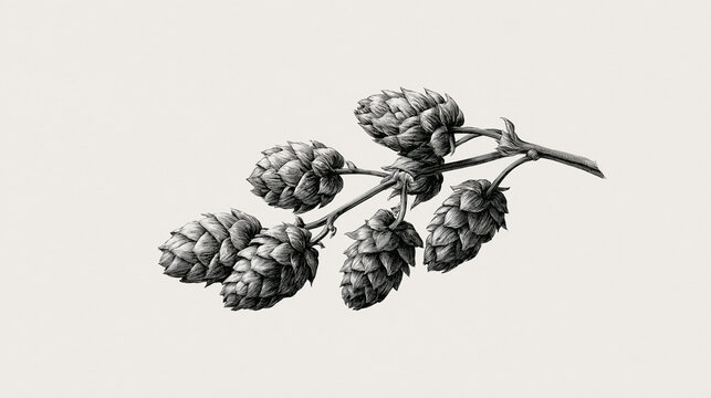 A detailed hand-drawn botanical ink illustration of a branch with multiple hop cones, rendered in a vintage engraving style on a light background.