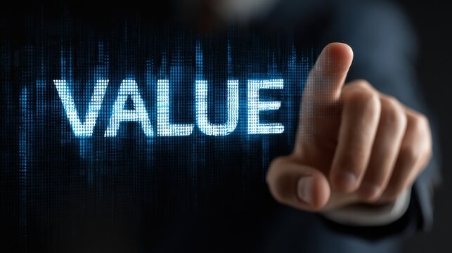 Businessman touching a virtual progress bar displaying the word VALUE. Concept of business growth, value creation, improvement, and added value in organizational development.