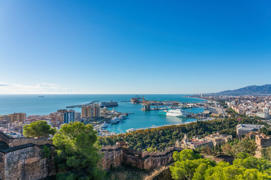 Coast of Malaga city seen from Gibralfaro. Spain. Europe
