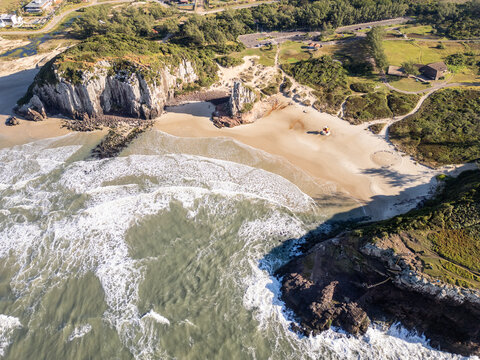Aerial View of Morro da Guarita with Waves Crashing in Torres, Brazil