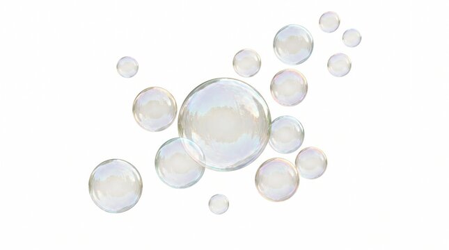 Opened ingredientFloating iridescent transparent soap bubbles isolated on white background