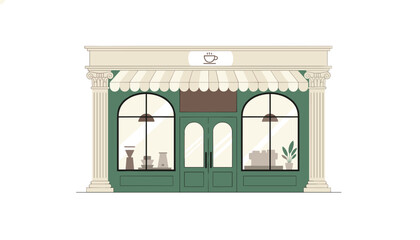 Fototapeta premium Classic coffee shop with a striped awning and ornate columns at the entrance.