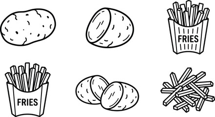 Naklejka premium A collection of black and white line art icons depicting whole potatoes, sliced potatoes and french fries