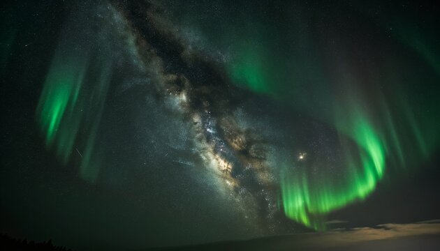 Northern Lights swirl across starry Milky Way