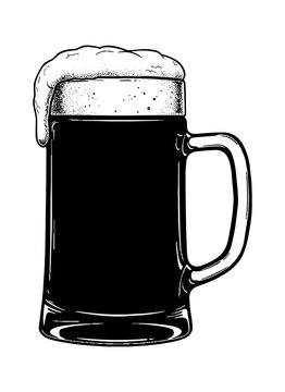 Hand drawn illustration of a glass mug filled with cold frothy beer isolated on transparent background, Vector