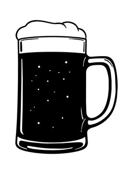 A simple black and white line art drawing of a glass mug filled with frothy beer isolated on transparent background, Vector
