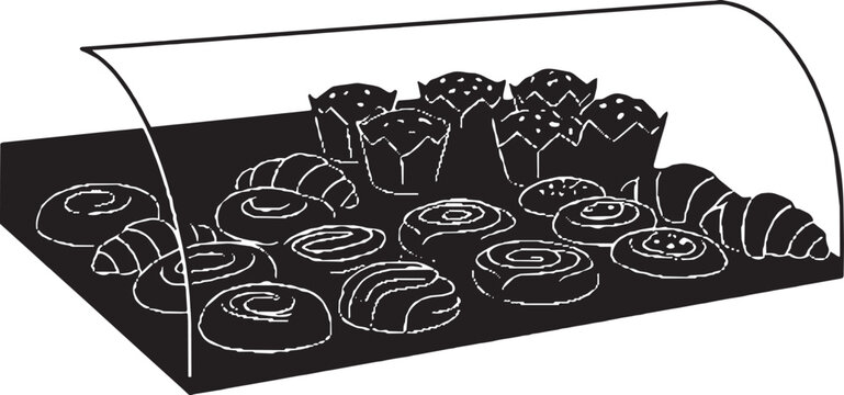 Black and white vector icon of a bakery display case filled with assorted fresh pastries and muffins isolated on transparent background, Vector
