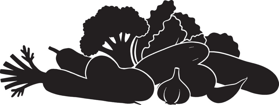 Black silhouette of a fresh vegetable harvest pile featuring broccoli carrot and garlic isolated on transparent background, Vector